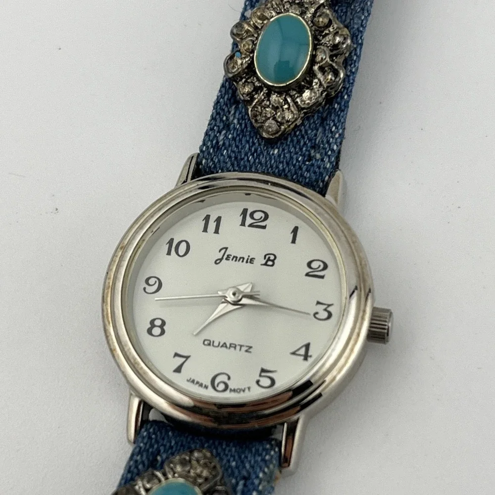Jennie‎ B Watch Women 24mm Case Denim Leather Silver Tuquoise Band- New Battery
